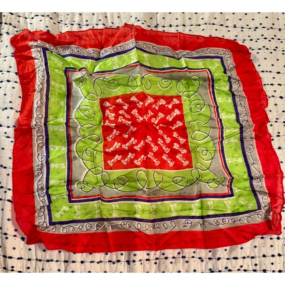 VINTAGE SILK SCARF Lime Green Red Geometric Pattern Sassy Classy Old School Glam